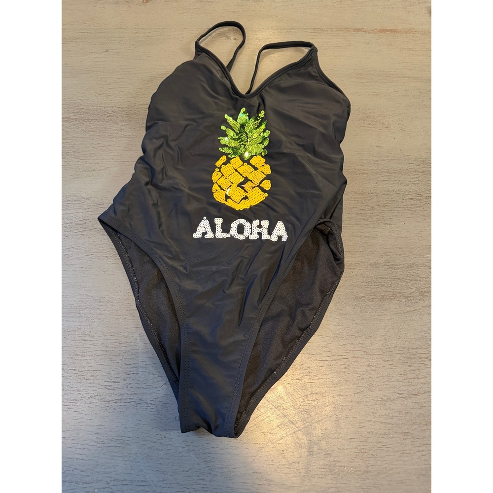 Xhilaration Womens Black Aloha Pineapple Sequin One Piece Swimsuit Size M
